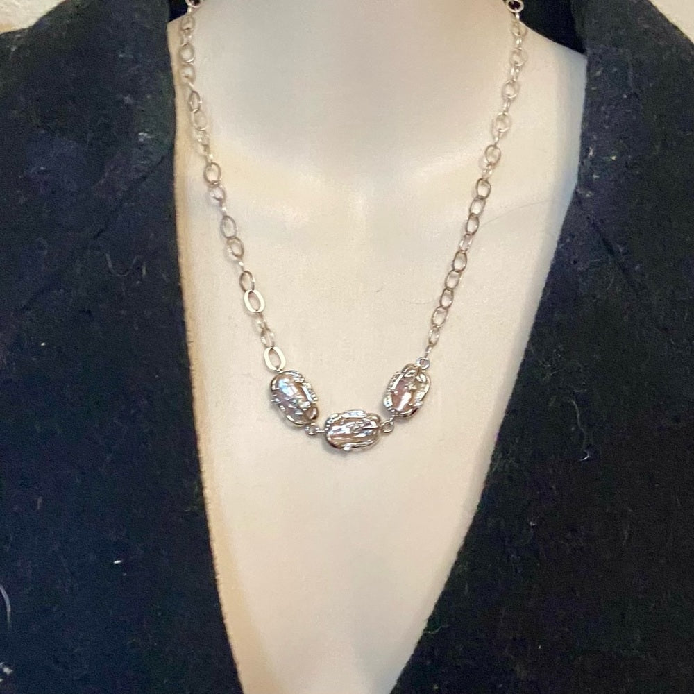 Vintage, 3 Encased Biwa Pearls Pendant w/18in Sterling-925 Chain Necklace