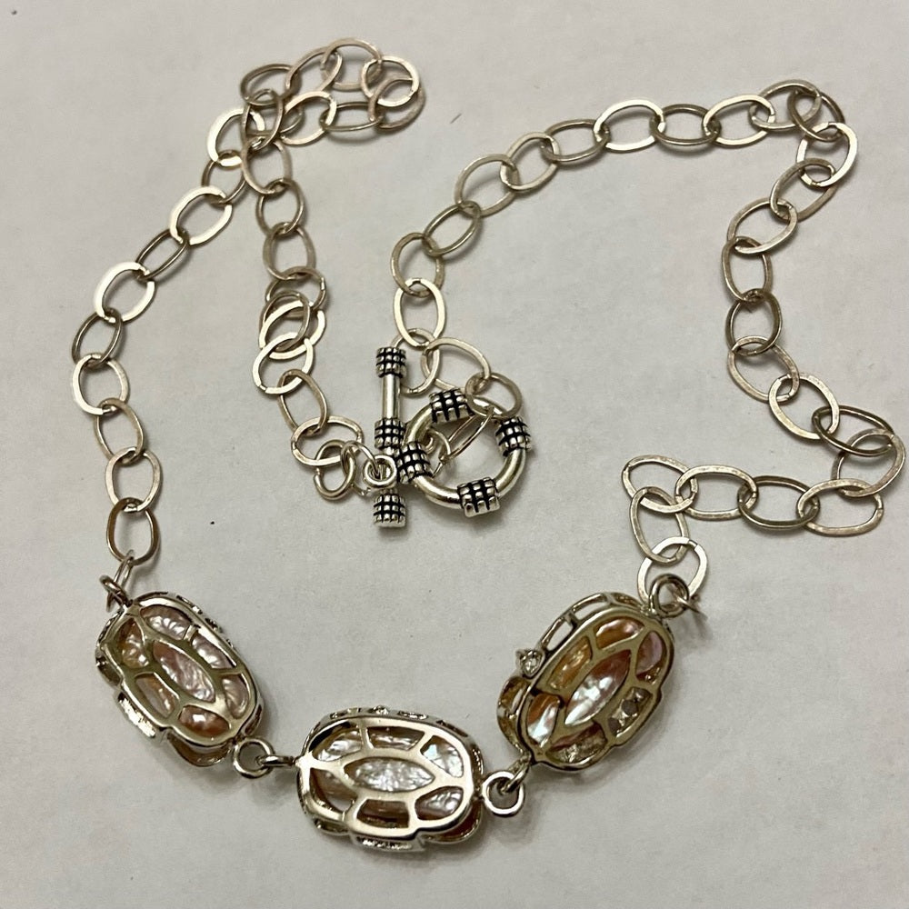 Vintage, 3 Encased Biwa Pearls Pendant w/18in Sterling-925 Chain Necklace