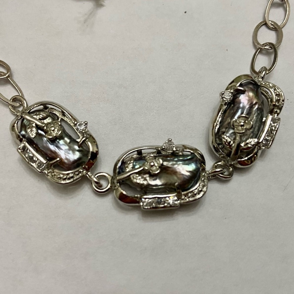 Vintage, 3 Encased Biwa Pearls 18in 925 Chain Necklace with Matching Earrings