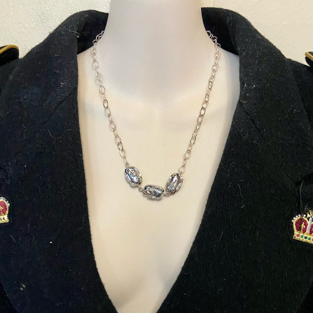 Vintage, 3 Encased Biwa Pearls 18in 925 Chain Necklace with Matching Earrings