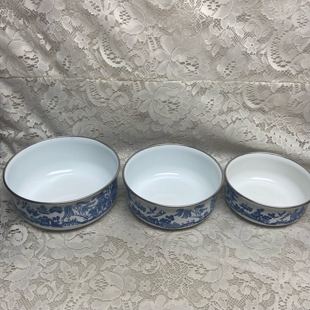 Vintage, Heritage Mint, 3pc Blue Willow Enamelware Mixing Bowls 7.5in, 7in n 6in