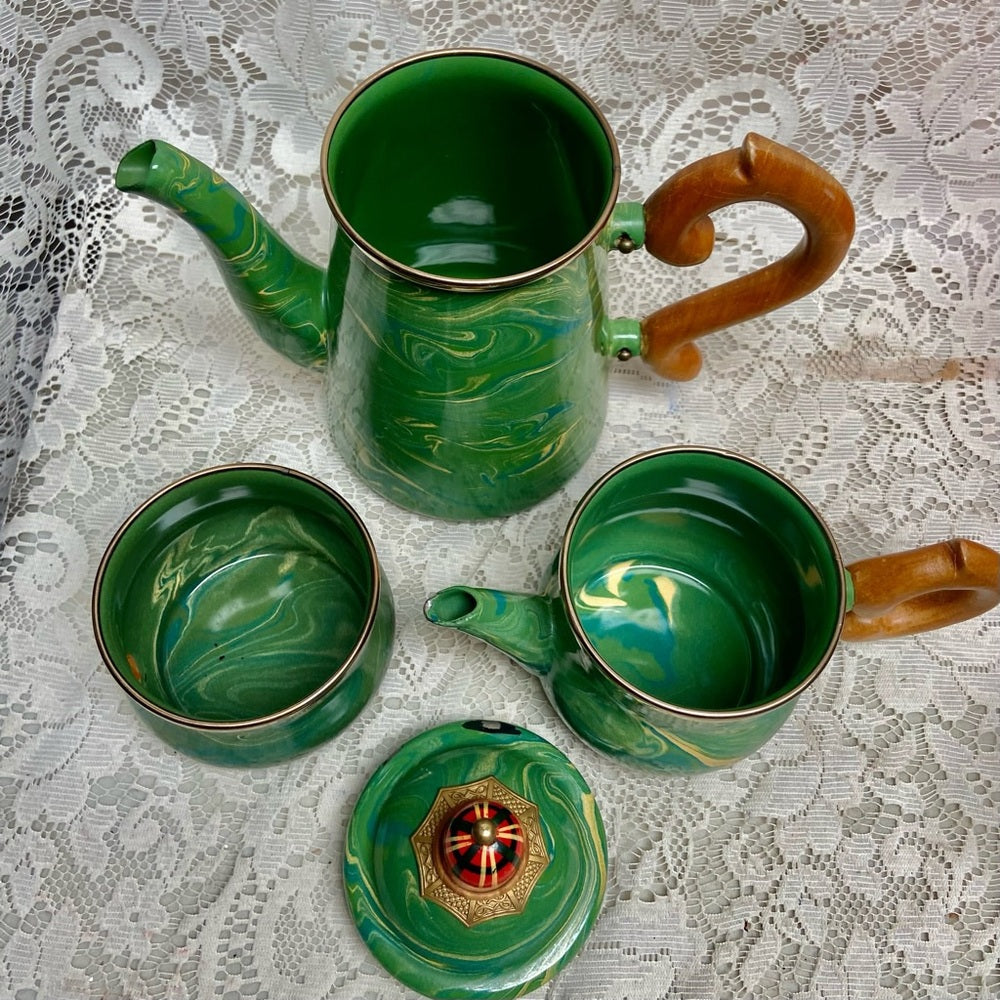 1995 Camp MacKenzie Childs Ltd., Green Marble Enamelware, 4pcTea or Camp Set