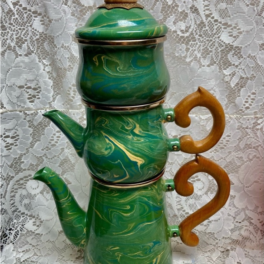 1995 Camp MacKenzie Childs Ltd., Green Marble Enamelware, 4pcTea or Camp Set