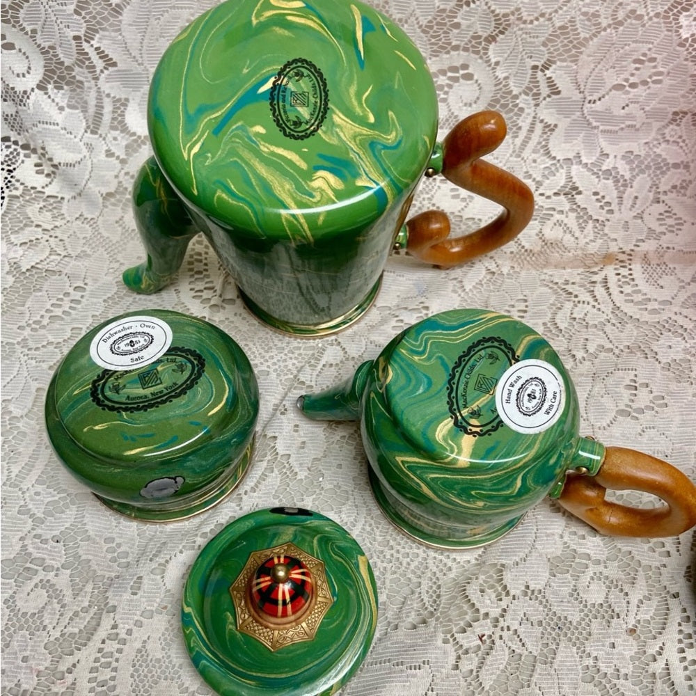 1995 Camp MacKenzie Childs Ltd., Green Marble Enamelware, 4pcTea or Camp Set