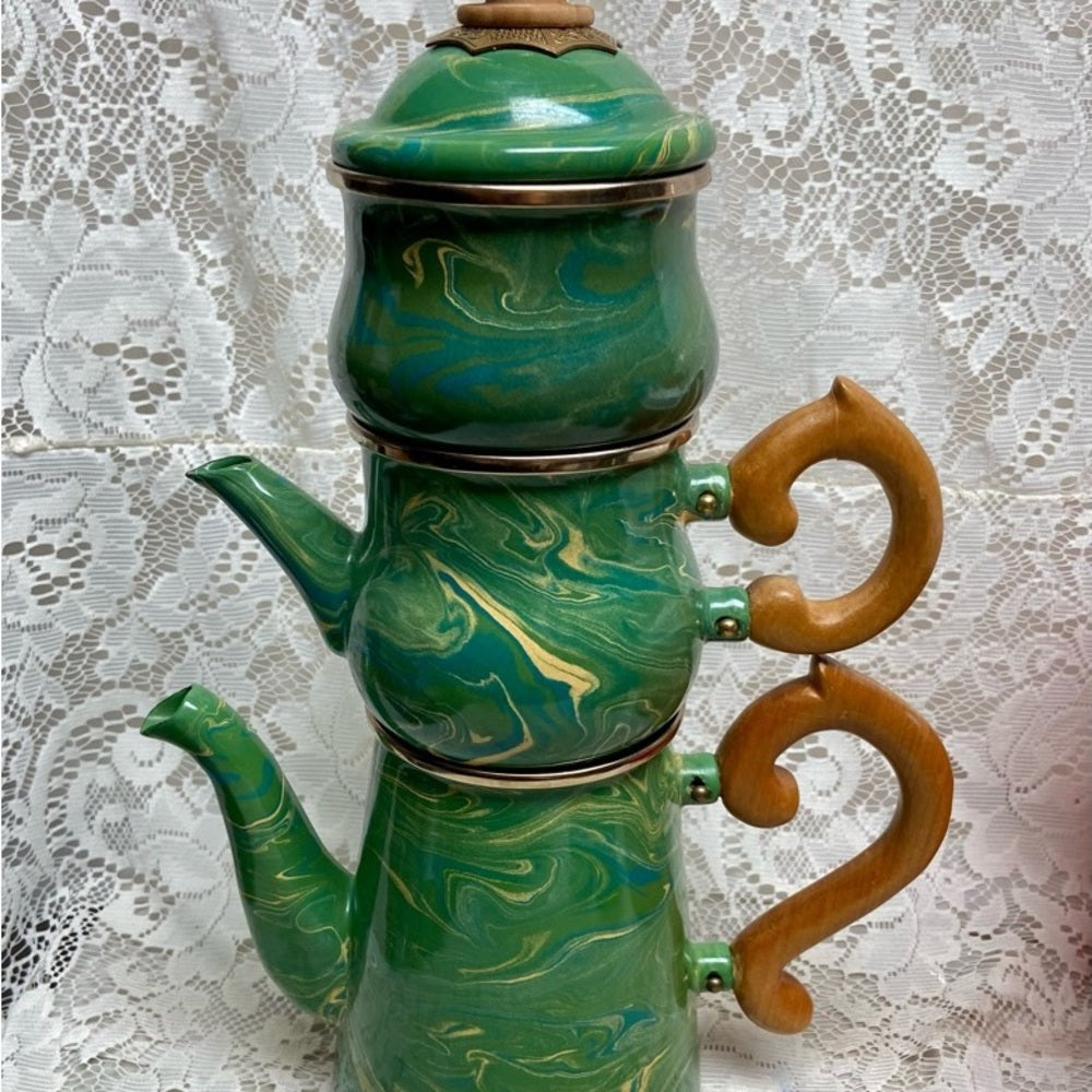 1995 Camp MacKenzie Childs Ltd., Green Marble Enamelware, 4pcTea or Camp Set