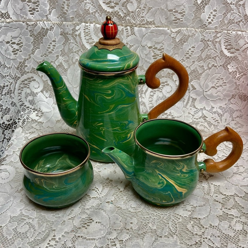 1995 Camp MacKenzie Childs Ltd., Green Marble Enamelware, 4pcTea or Camp Set