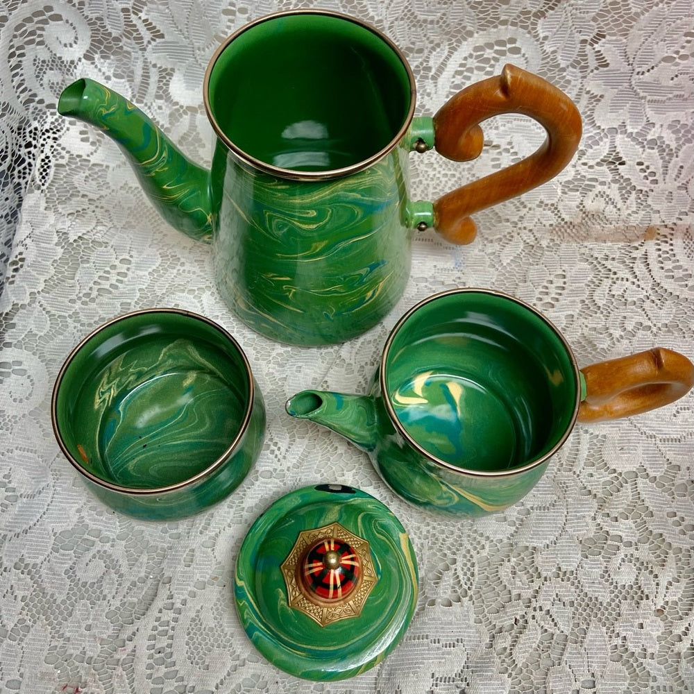 1995 Camp MacKenzie Childs Ltd., Green Marble Enamelware, 4pcTea or Camp Set