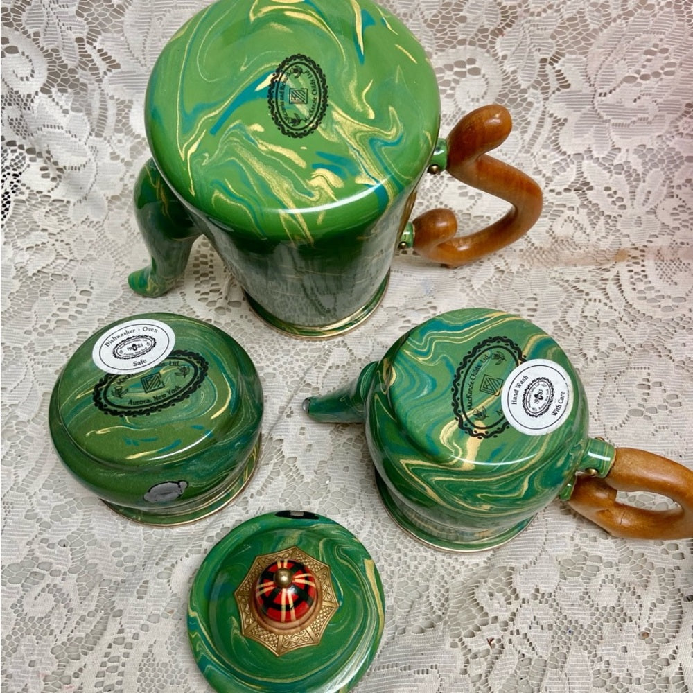 1995 Camp MacKenzie Childs Ltd., Green Marble Enamelware, 4pcTea or Camp Set