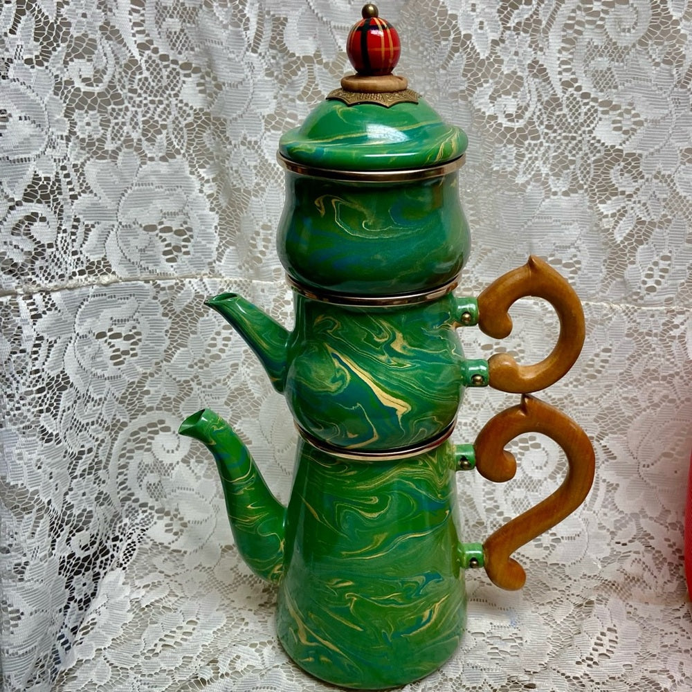 1995 Camp MacKenzie Childs Ltd., Green Marble Enamelware, 4pcTea or Camp Set