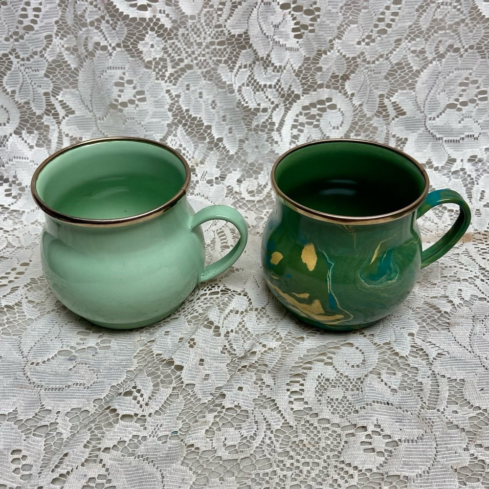 Vintage, MacKenzie Childs Green Enamelware 2pc Mugs