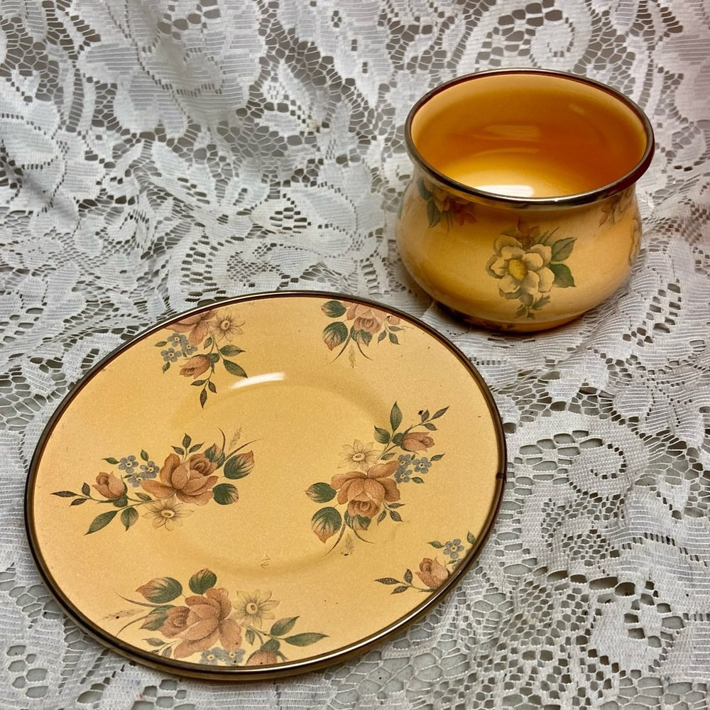 Vintage, MacKenzie Childs Yellow Floral Enamelware 2pc Cup and Saucer
