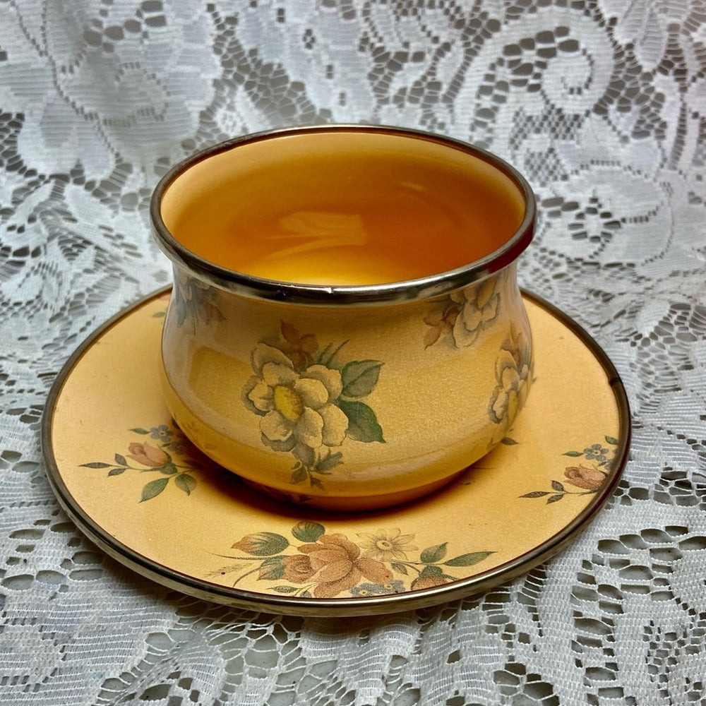 Vintage, MacKenzie Childs Yellow Floral Enamelware 2pc Cup and Saucer