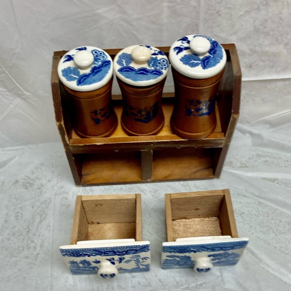 Vintage, Rare, Japan, 9-pc Blue Willow Shaker Set with Wooden Rack