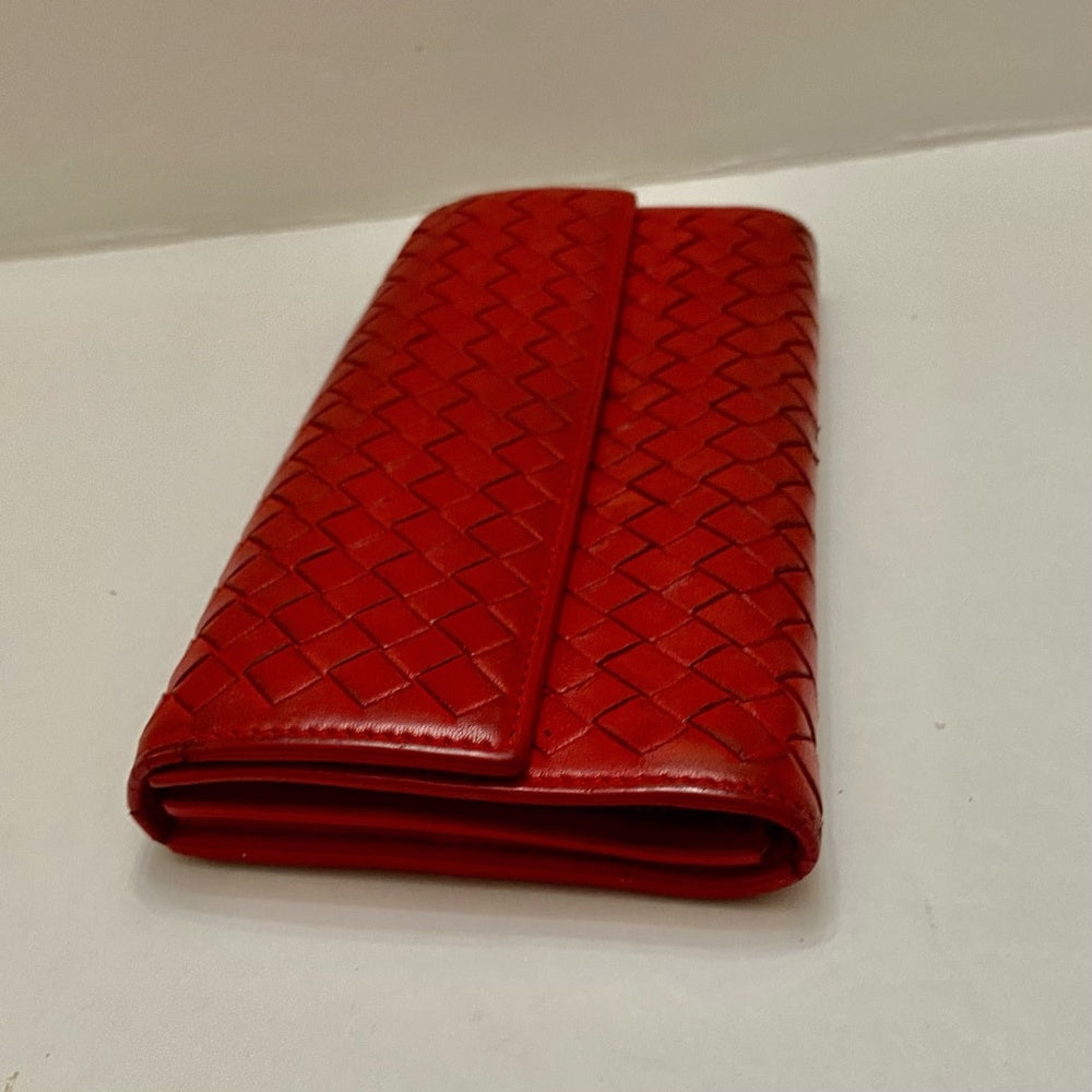 Authentic Bottega Veneta Red Leather Bi-fold Long Wallet
