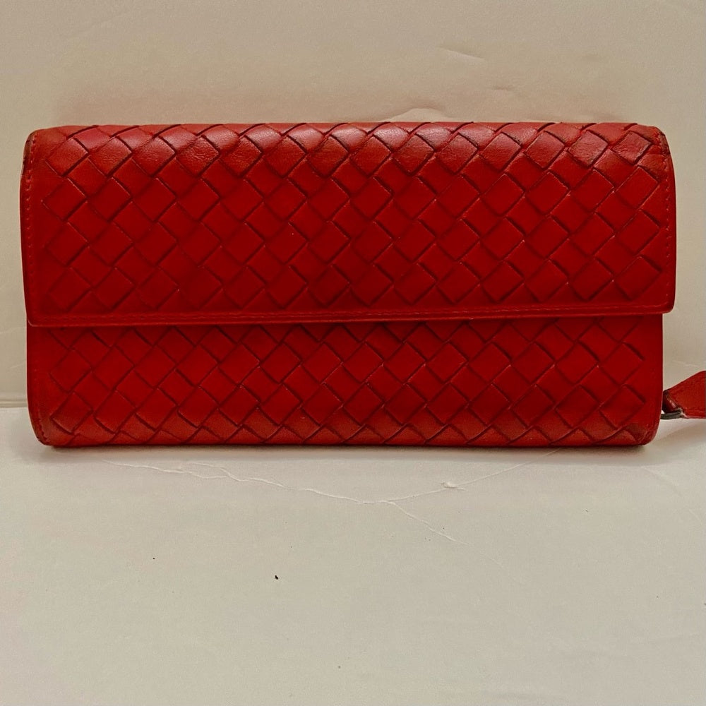 Authentic Bottega Veneta Red Leather Bi-fold Long Wallet