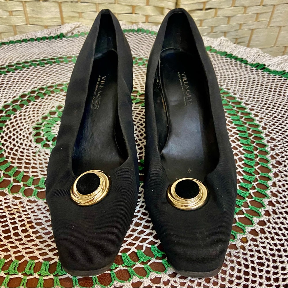 Villager-Liz Claiborne, Black, Gold Buckle, High Heel Shoes- Size 8