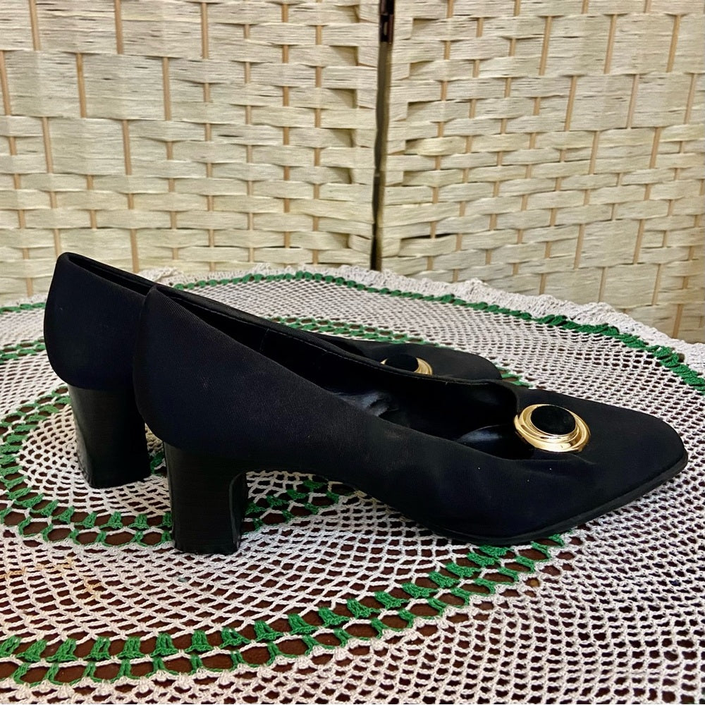 Villager-Liz Claiborne, Black, Gold Buckle, High Heel Shoes- Size 8