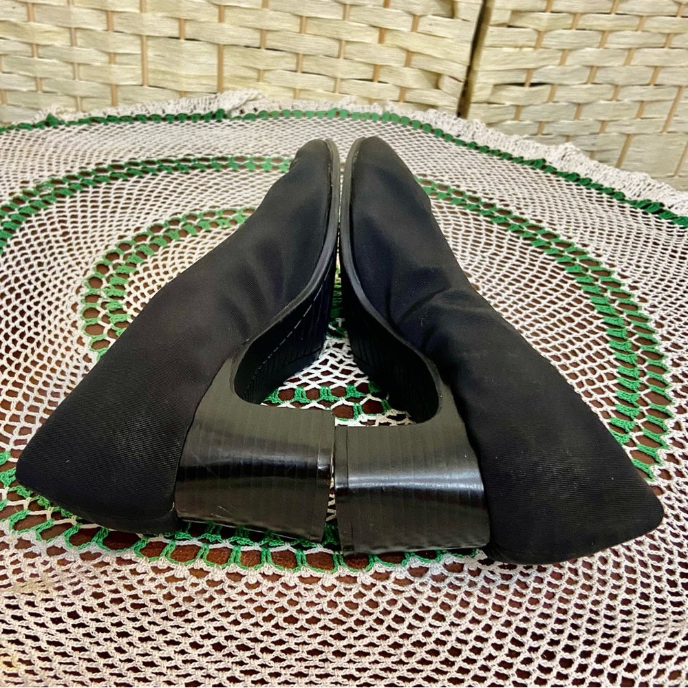 Villager-Liz Claiborne, Black, Gold Buckle, High Heel Shoes- Size 8