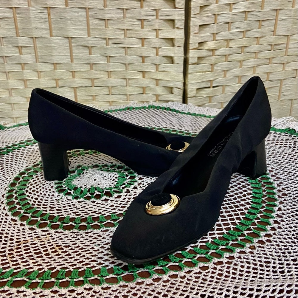 Villager-Liz Claiborne, Black, Gold Buckle, High Heel Shoes- Size 8