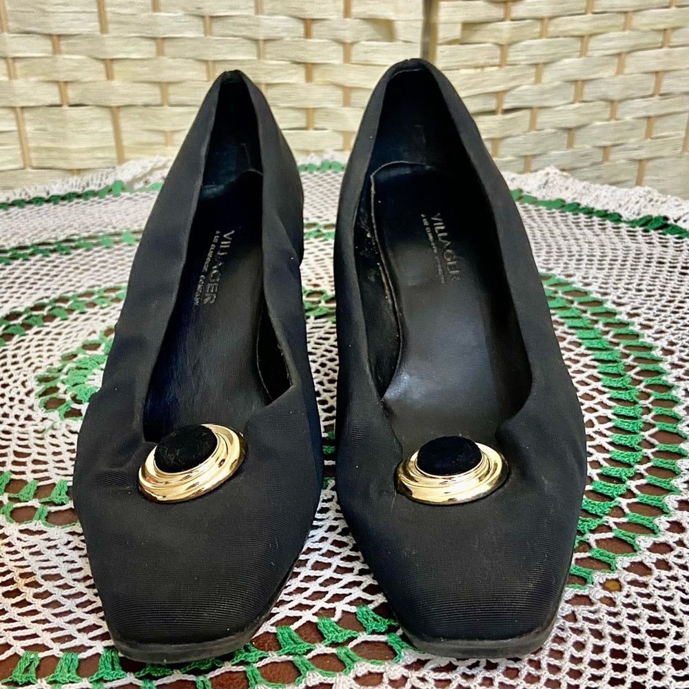 Villager-Liz Claiborne, Black, Gold Buckle, High Heel Shoes- Size 8