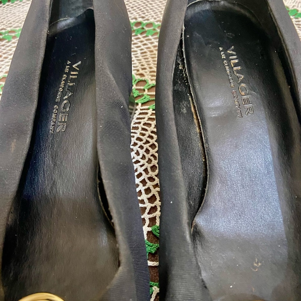 Villager-Liz Claiborne, Black, Gold Buckle, High Heel Shoes- Size 8