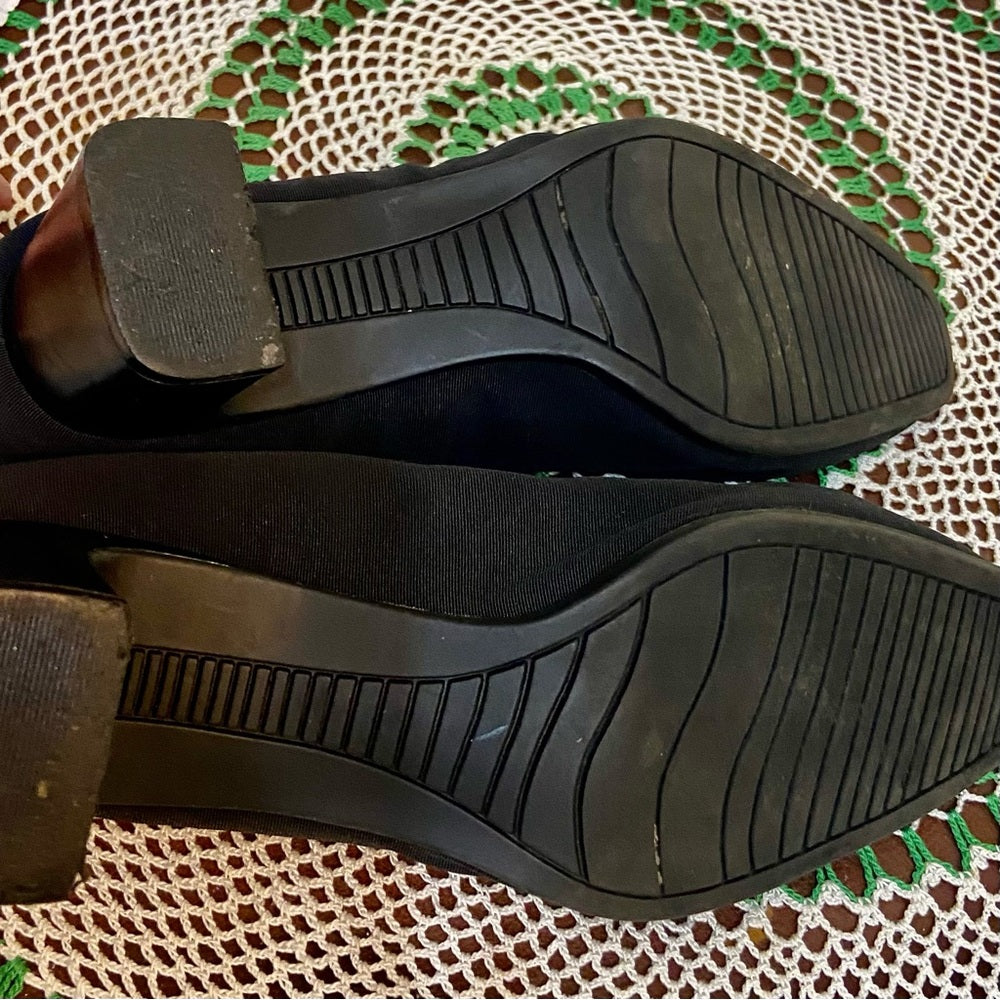 Villager-Liz Claiborne, Black, Gold Buckle, High Heel Shoes- Size 8