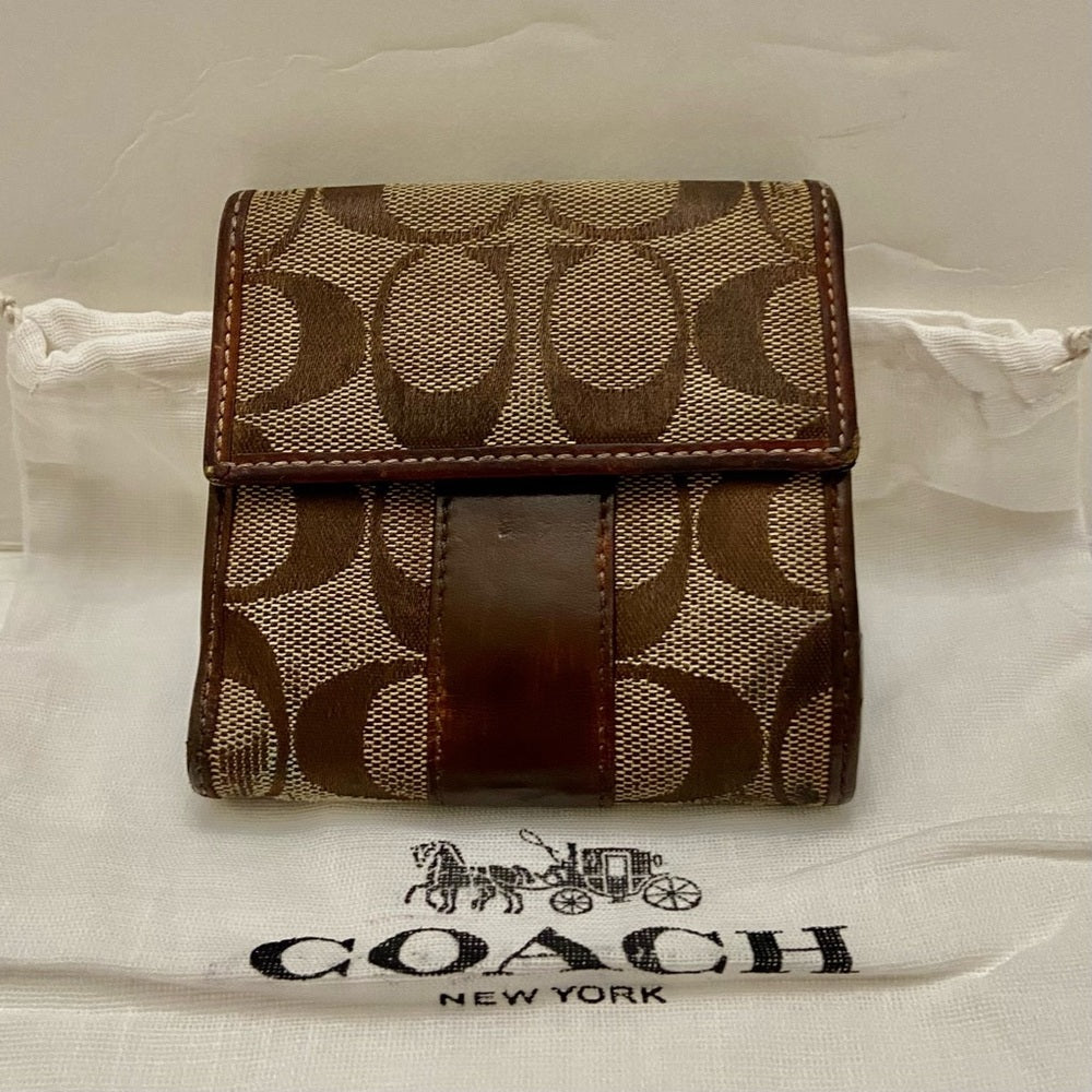 Coach Brown Mono-Leather Trim-Bifold Compact Wallet with Dust Bag 4inx4in