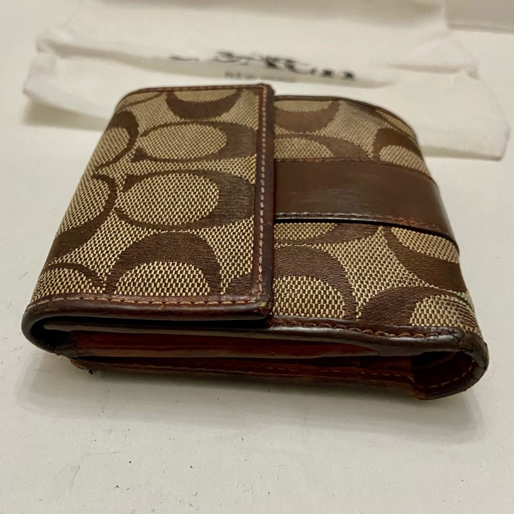 Coach Brown Mono-Leather Trim-Bifold Compact Wallet with Dust Bag 4inx4in