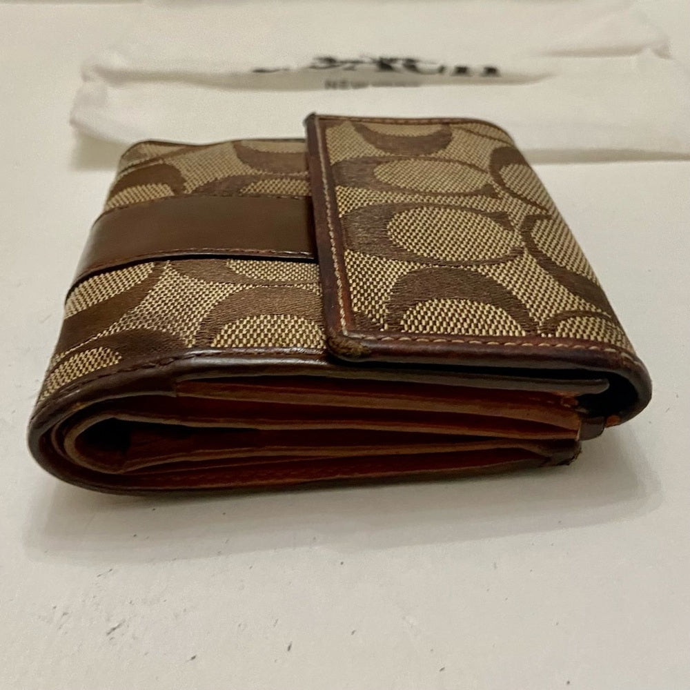 Coach Brown Mono-Leather Trim-Bifold Compact Wallet with Dust Bag 4inx4in