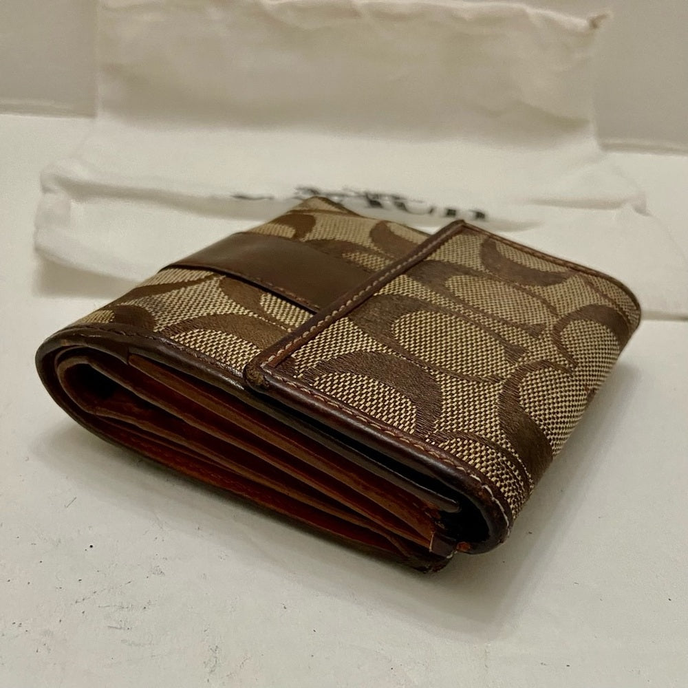 Coach Brown Mono-Leather Trim-Bifold Compact Wallet with Dust Bag 4inx4in
