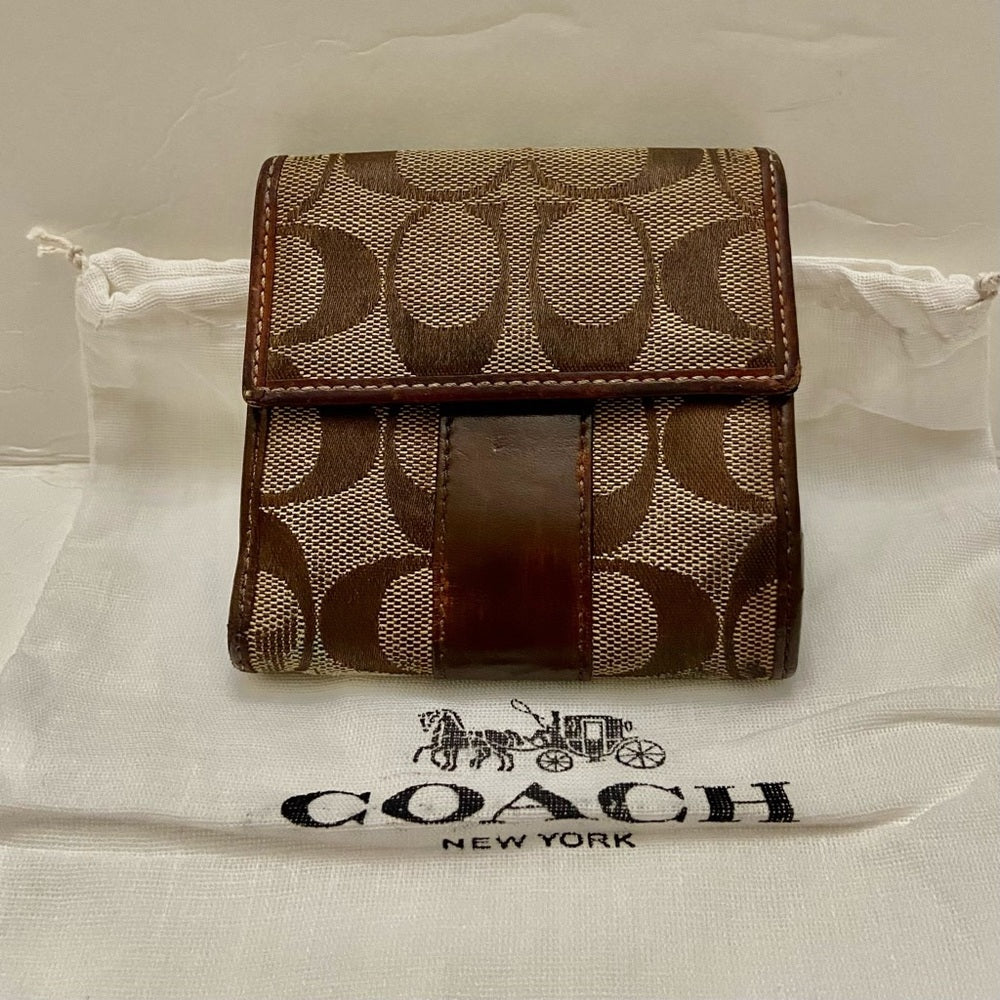 Coach Brown Mono-Leather Trim-Bifold Compact Wallet with Dust Bag 4inx4in