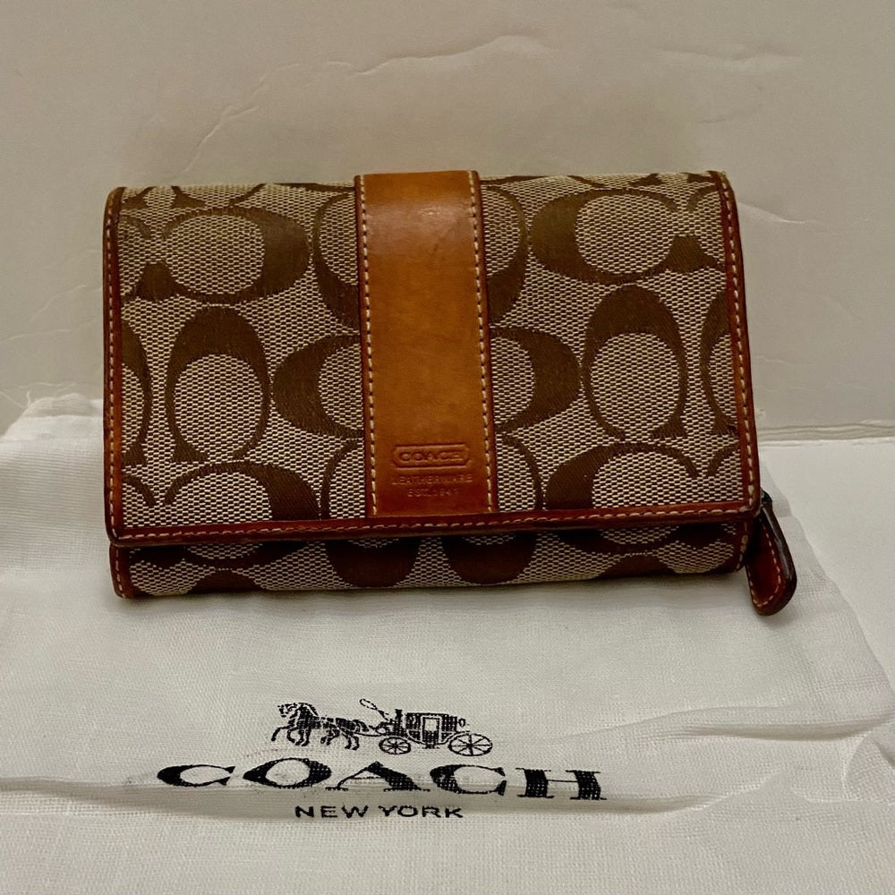 Coach Brown Mono-Tan Leather Trim-Bifold Compact Wallet with Dust Bag 6in x 4in