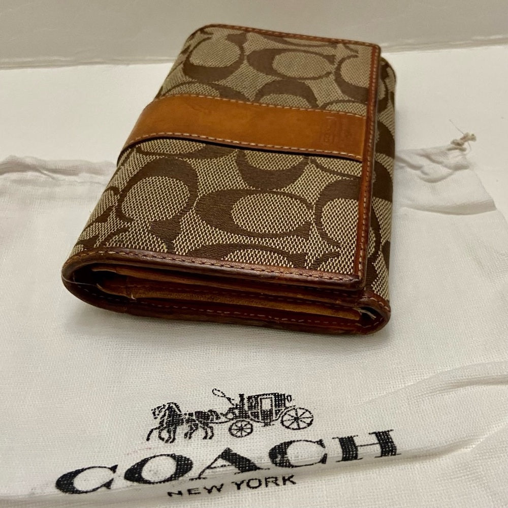 Coach Brown Mono-Tan Leather Trim-Bifold Compact Wallet with Dust Bag 6in x 4in