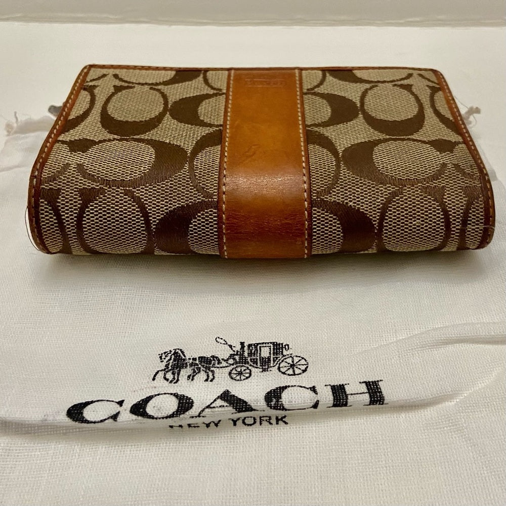 Coach Brown Mono-Tan Leather Trim-Bifold Compact Wallet with Dust Bag 6in x 4in