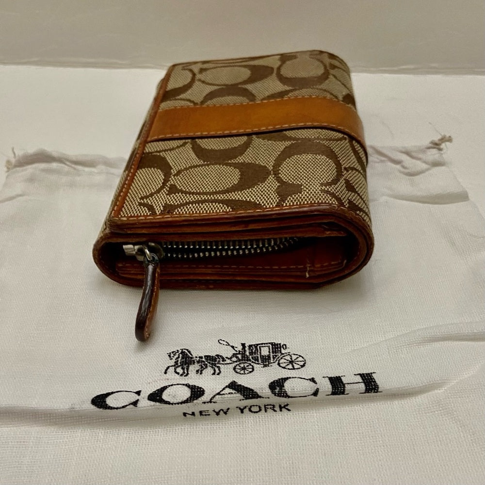 Coach Brown Mono-Tan Leather Trim-Bifold Compact Wallet with Dust Bag 6in x 4in