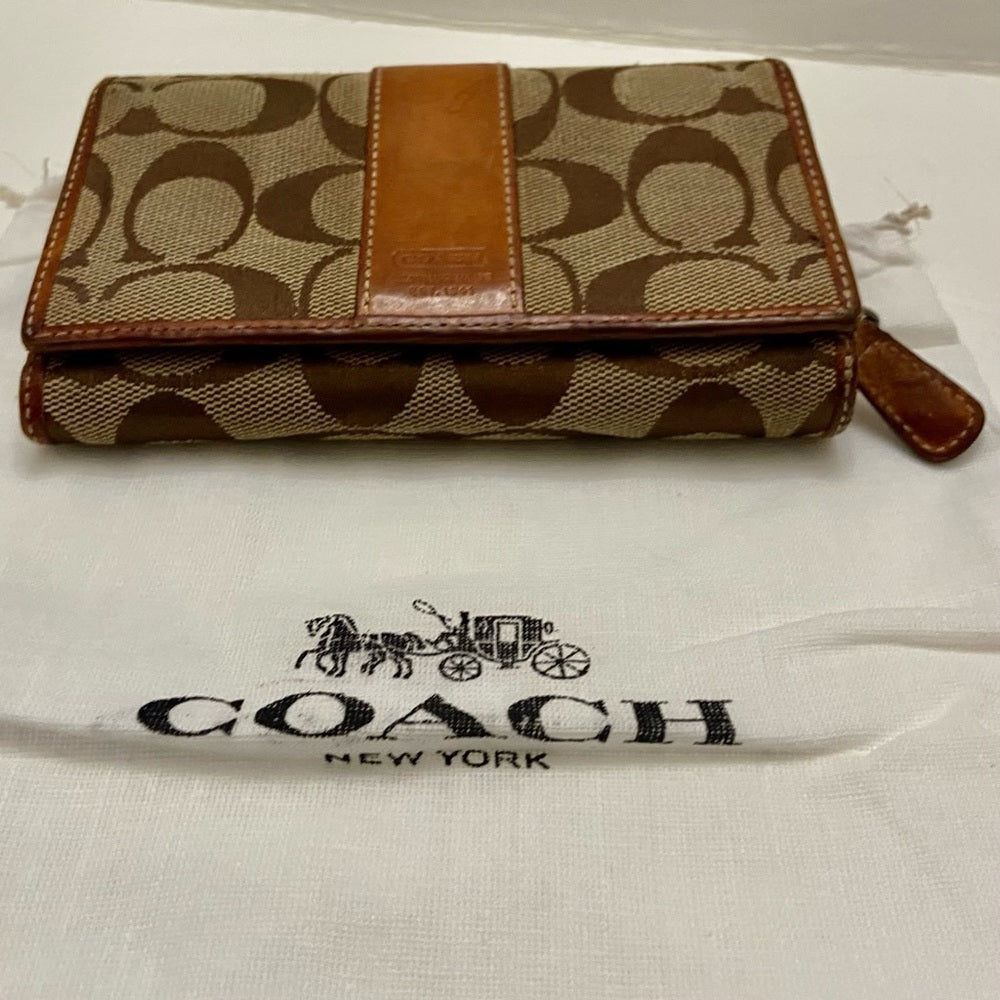 Coach Brown Mono-Tan Leather Trim-Bifold Compact Wallet with Dust Bag 6in x 4in