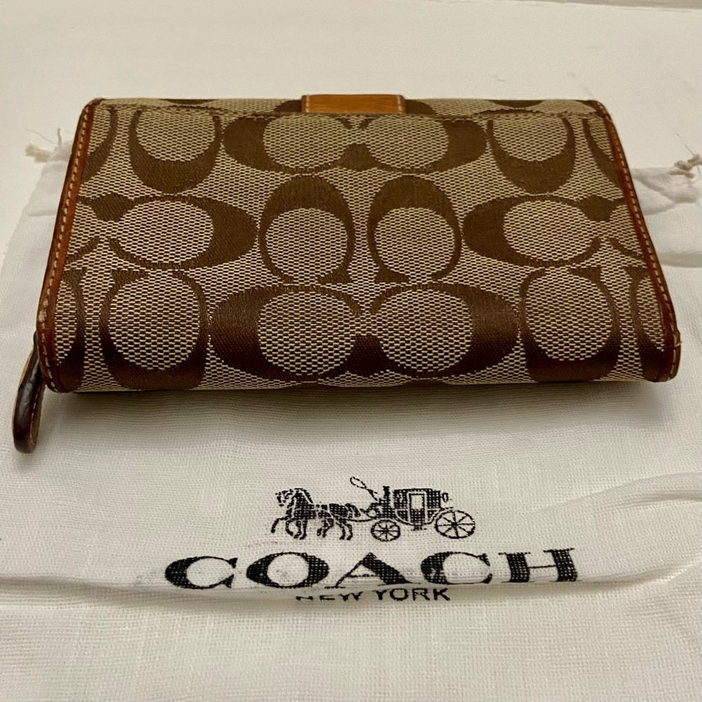 Coach Brown Mono-Tan Leather Trim-Bifold Compact Wallet with Dust Bag 6in x 4in