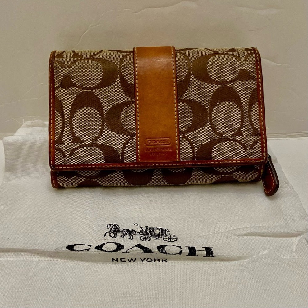 Coach Brown Mono-Tan Leather Trim-Bifold Compact Wallet with Dust Bag 6in x 4in