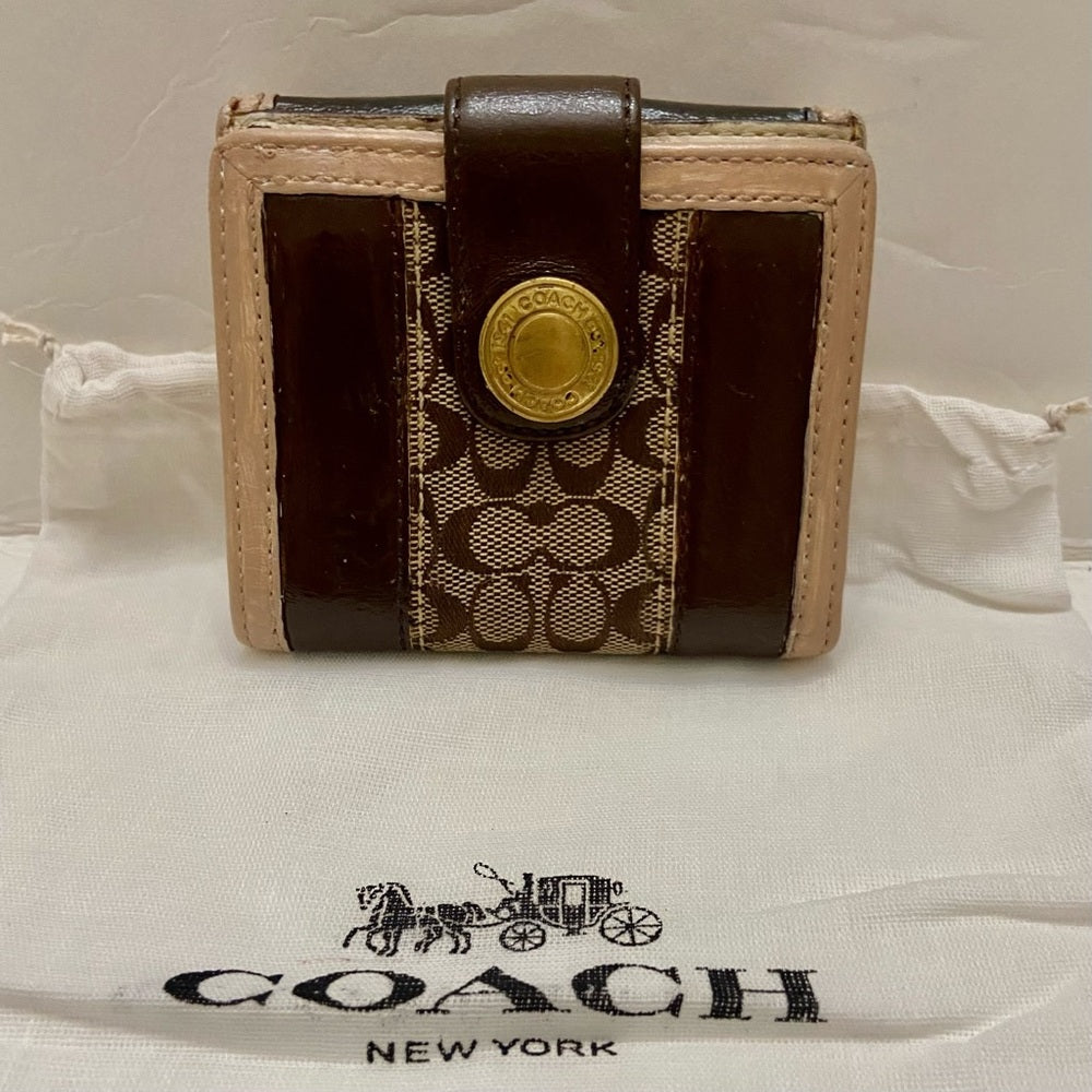 Coach Brown Mono Canvas-Beige- BrownLeather Trifold Compact Wallet with Dust Bag