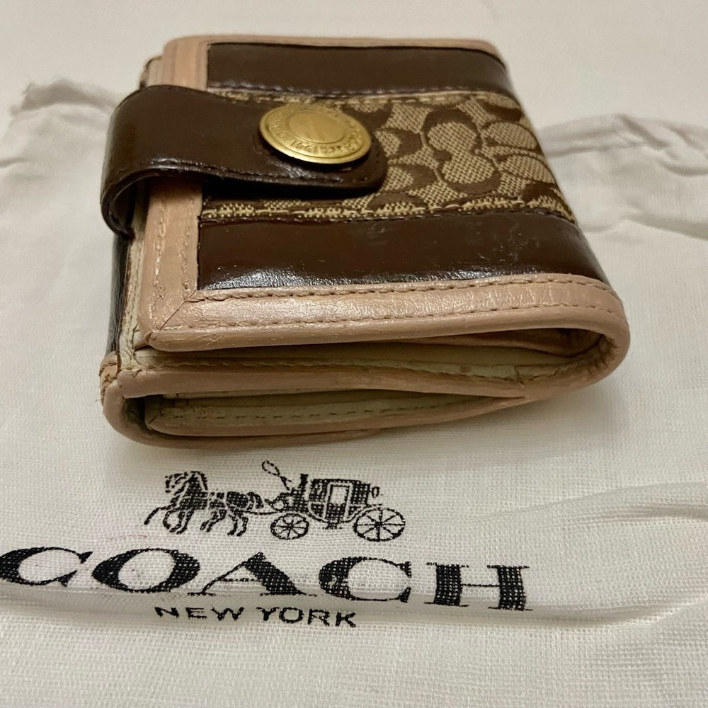 Coach Brown Mono Canvas-Beige- BrownLeather Trifold Compact Wallet with Dust Bag