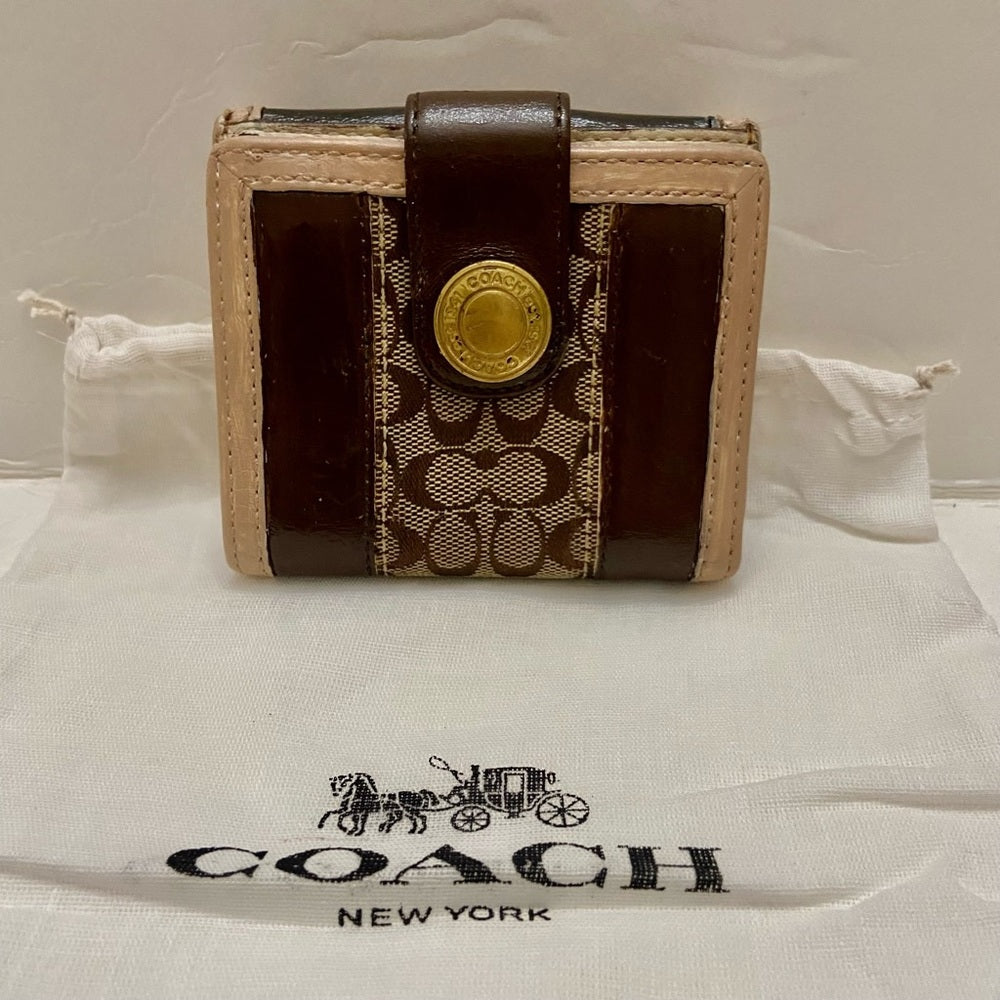 Coach Brown Mono Canvas-Beige- BrownLeather Trifold Compact Wallet with Dust Bag