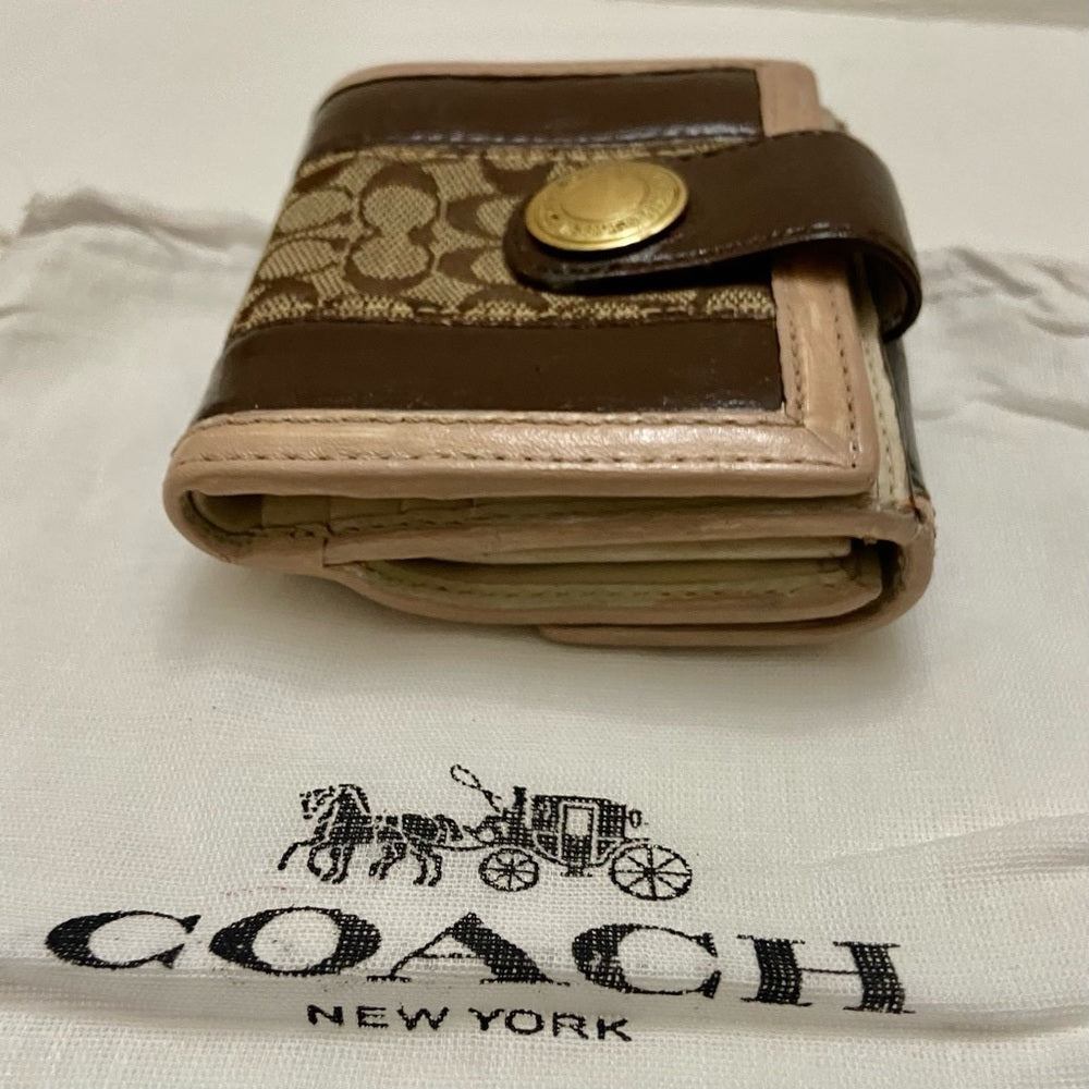 Coach Brown Mono Canvas-Beige- BrownLeather Trifold Compact Wallet with Dust Bag