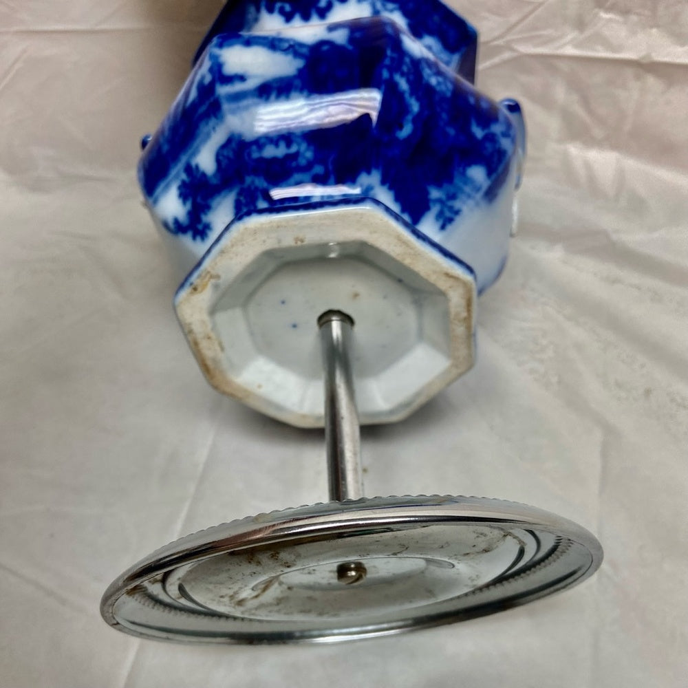 Vintage Flow Blue Willow Flower Vase or Flatware Caddy with Chrome Stand
