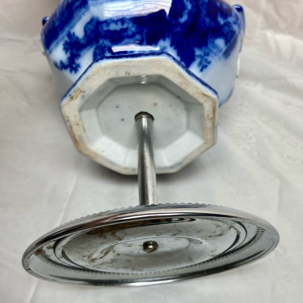 Vintage Flow Blue Willow Flower Vase or Flatware Caddy with Chrome Stand