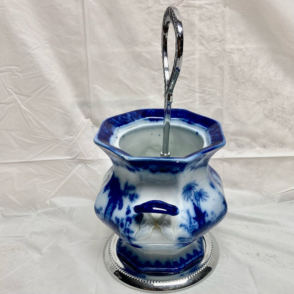 Vintage Flow Blue Willow Flower Vase or Flatware Caddy with Chrome Stand