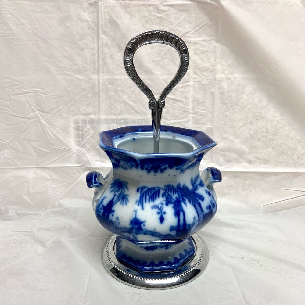 Vintage Flow Blue Willow Flower Vase or Flatware Caddy with Chrome Stand