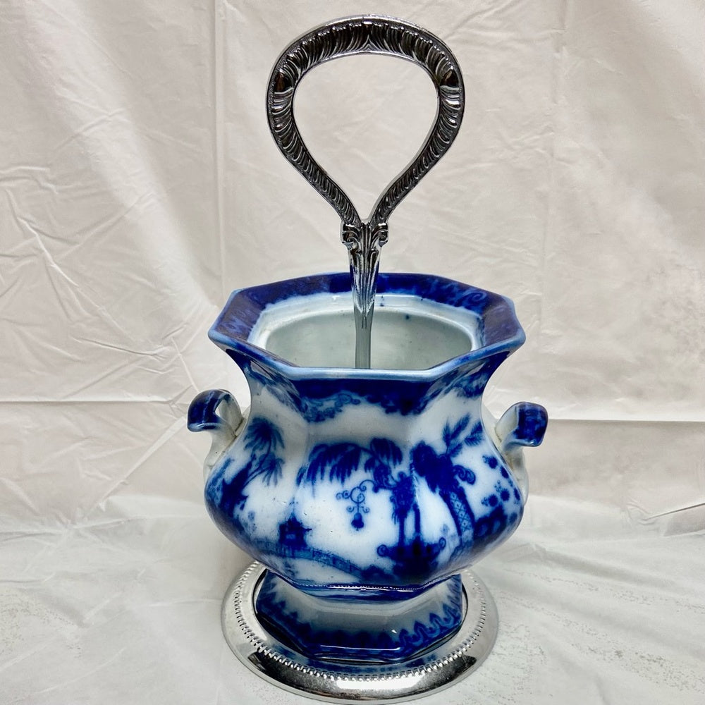 Vintage Flow Blue Willow Flower Vase or Flatware Caddy with Chrome Stand