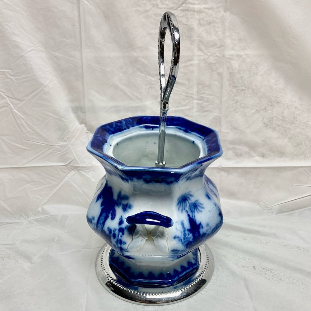 Vintage Flow Blue Willow Flower Vase or Flatware Caddy with Chrome Stand