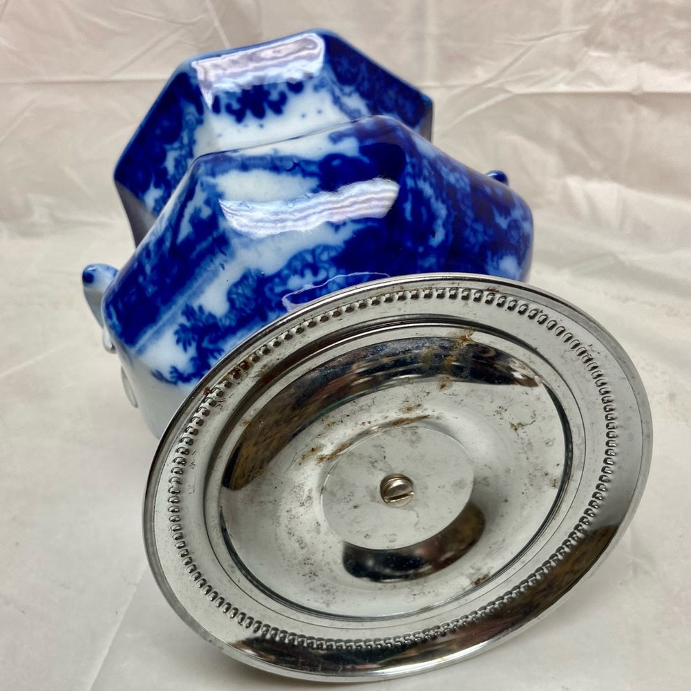 Vintage Flow Blue Willow Flower Vase or Flatware Caddy with Chrome Stand