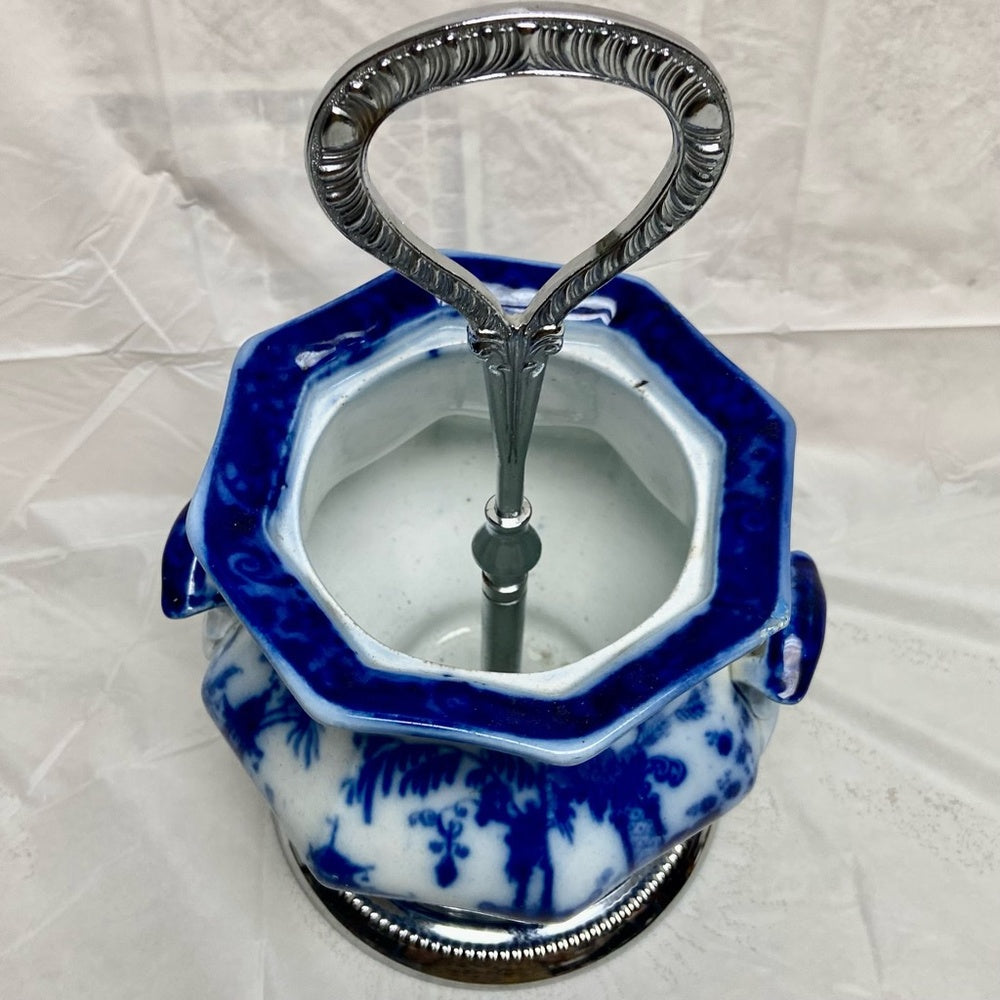 Vintage Flow Blue Willow Flower Vase or Flatware Caddy with Chrome Stand